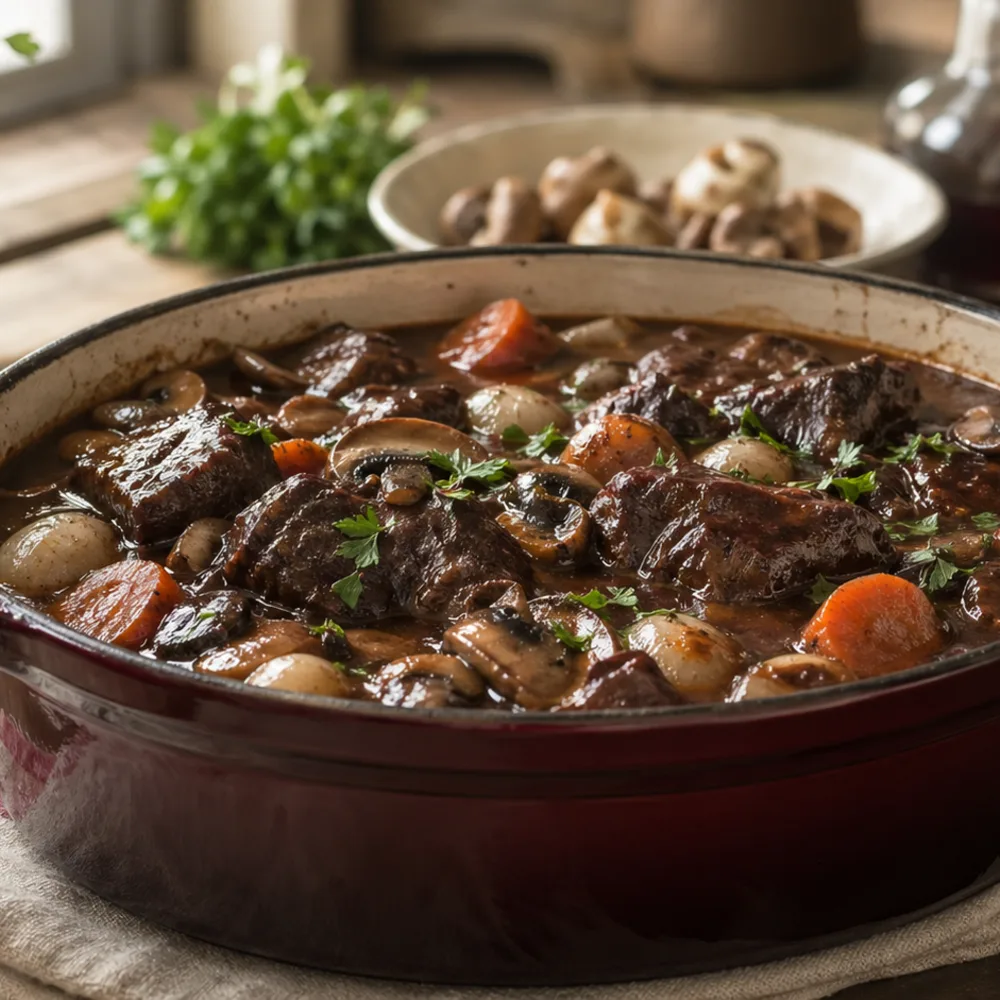 Détail gourmand de Boeuf bourguignon traditionnel