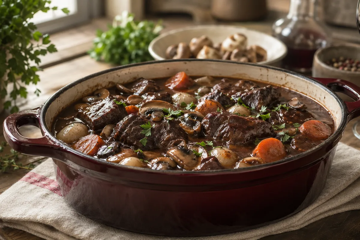 Boeuf bourguignon traditionnel en préparation Préparation de Boeuf bourguignon traditionnel avec produits français