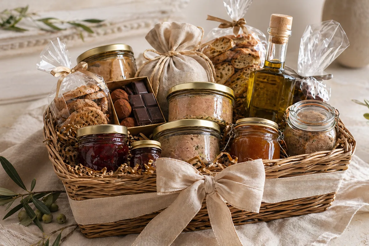 Préparation de Paniers gourmands français avec produits français