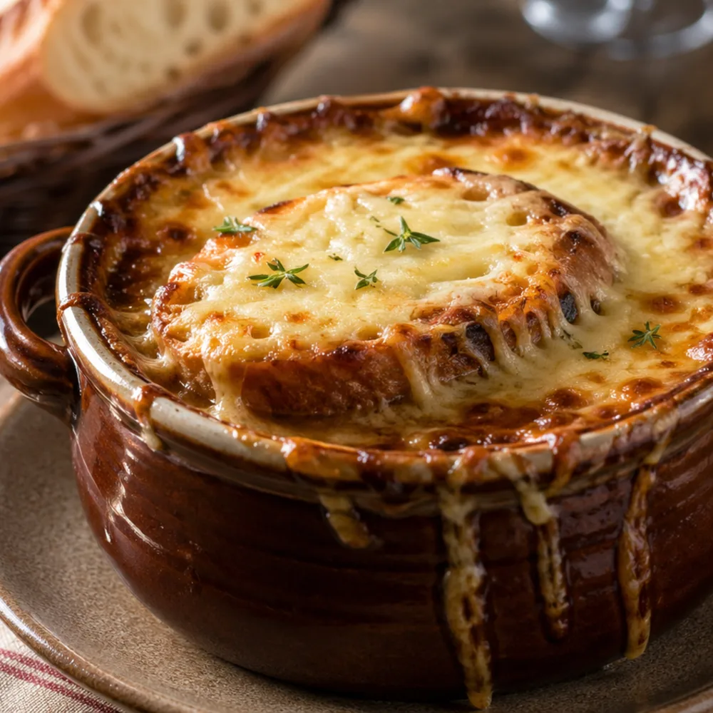 Détail de Soupe à l'oignon gratinée Détail gourmand de Soupe à l'oignon gratinée
