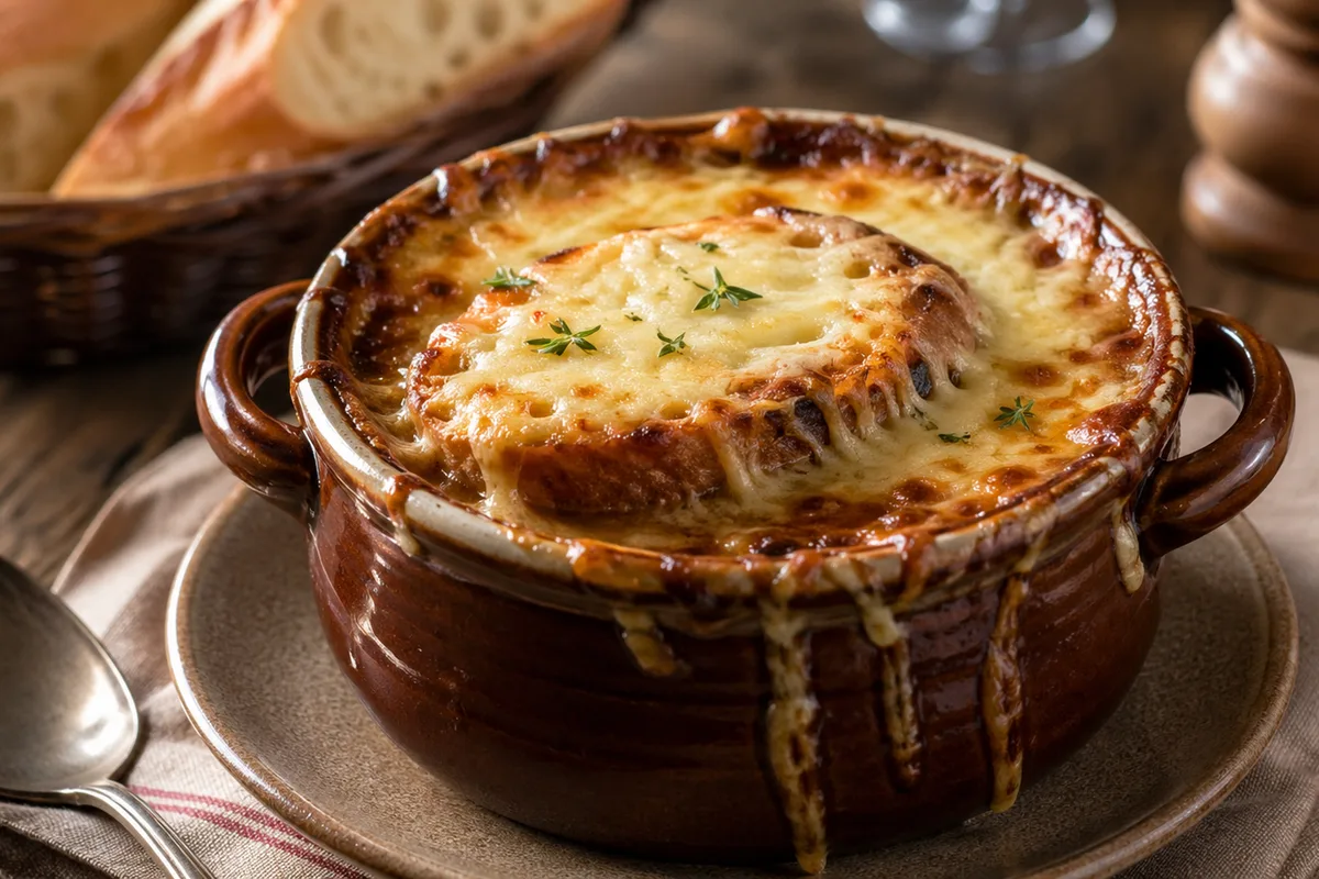 Préparation de Soupe à l'oignon gratinée avec produits français