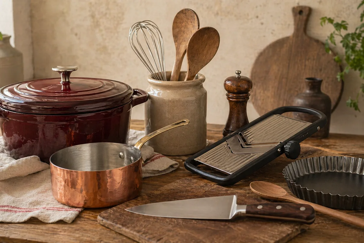 Ustensiles cuisine française en préparation Préparation de Ustensiles cuisine française avec produits français